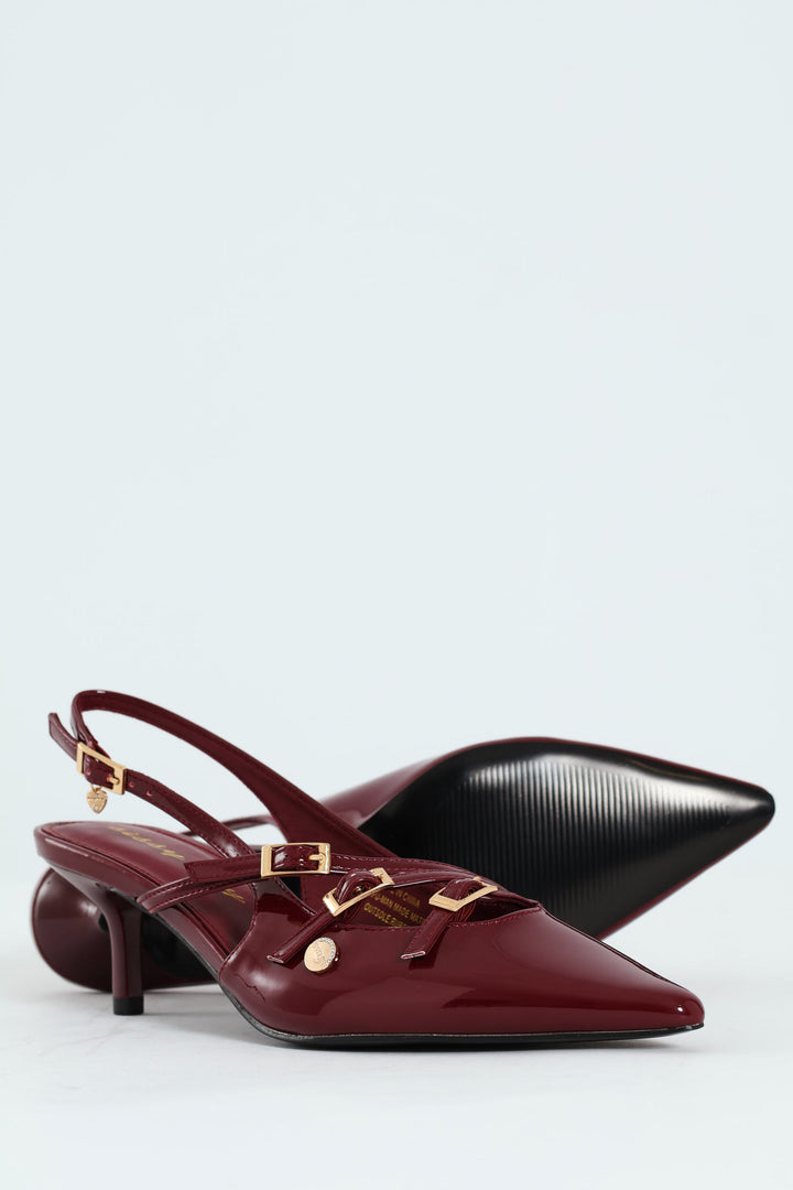 Multi Buckle Pointed Toe Slingback Heel - Red