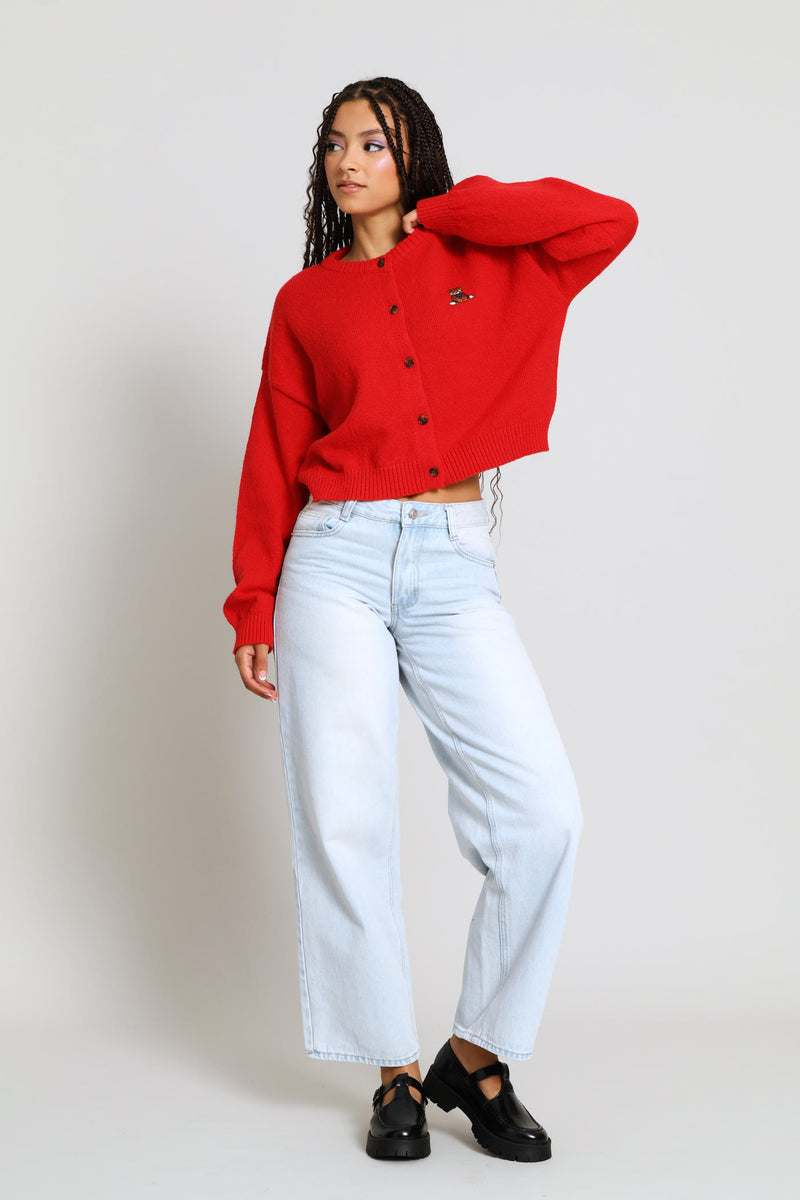 Teddy Embroidered Crew Cardigan - Red