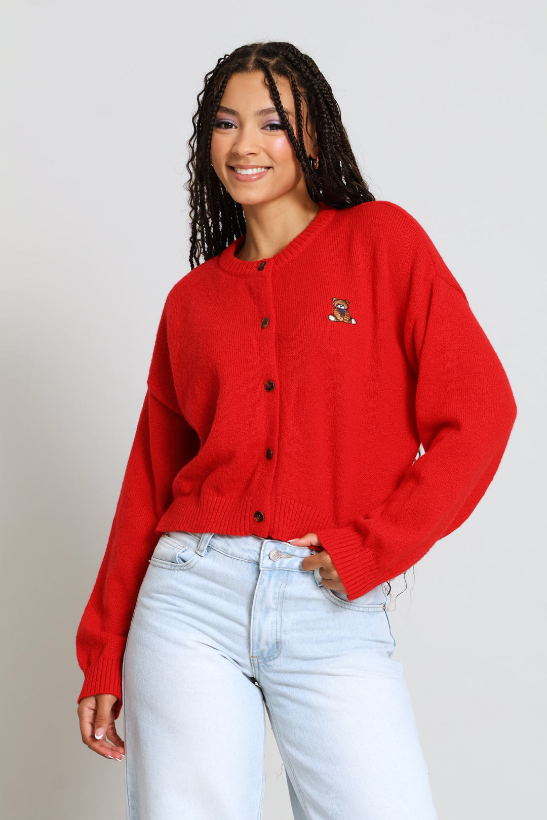 Teddy Embroidered Crew Cardigan - Red
