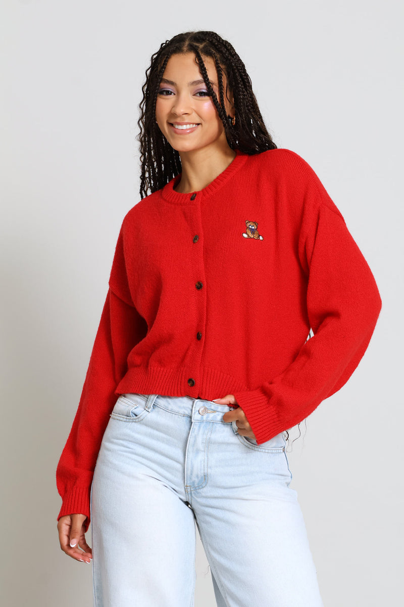Teddy Embroidered Crew Cardigan - Red