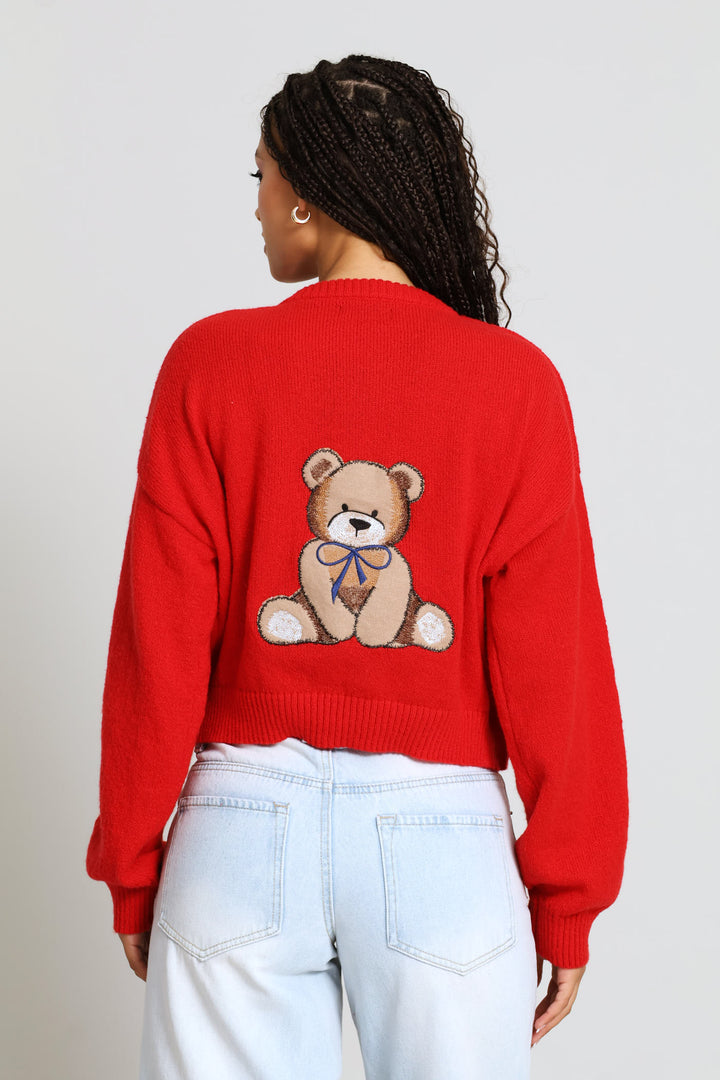 Teddy Embroidered Crew Cardigan - Red