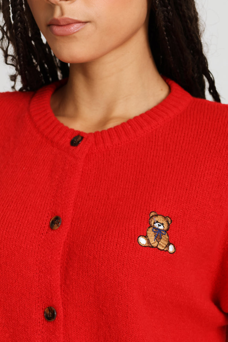 Teddy Embroidered Crew Cardigan - Red
