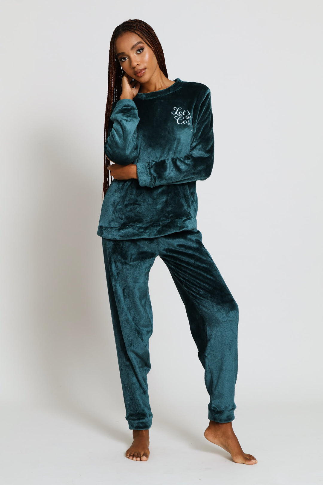 Long Sleeve Embroidered Cosy Top & Jogger Set - Emerald