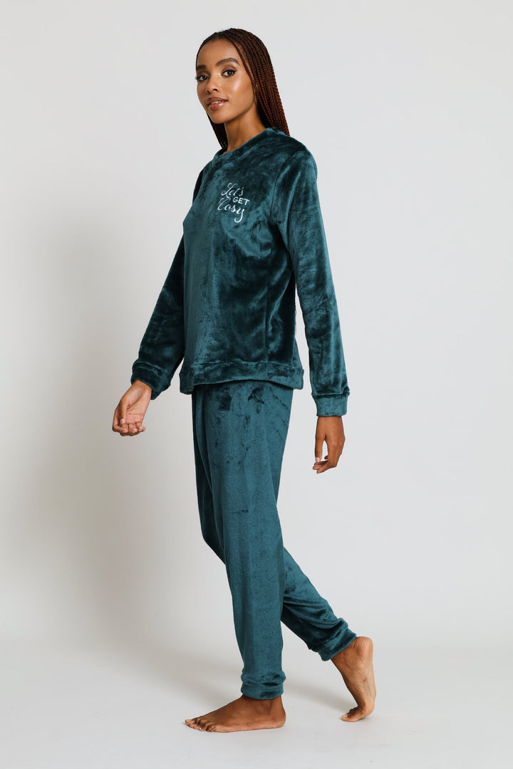 Long Sleeve Embroidered Cosy Top & Jogger Set - Emerald