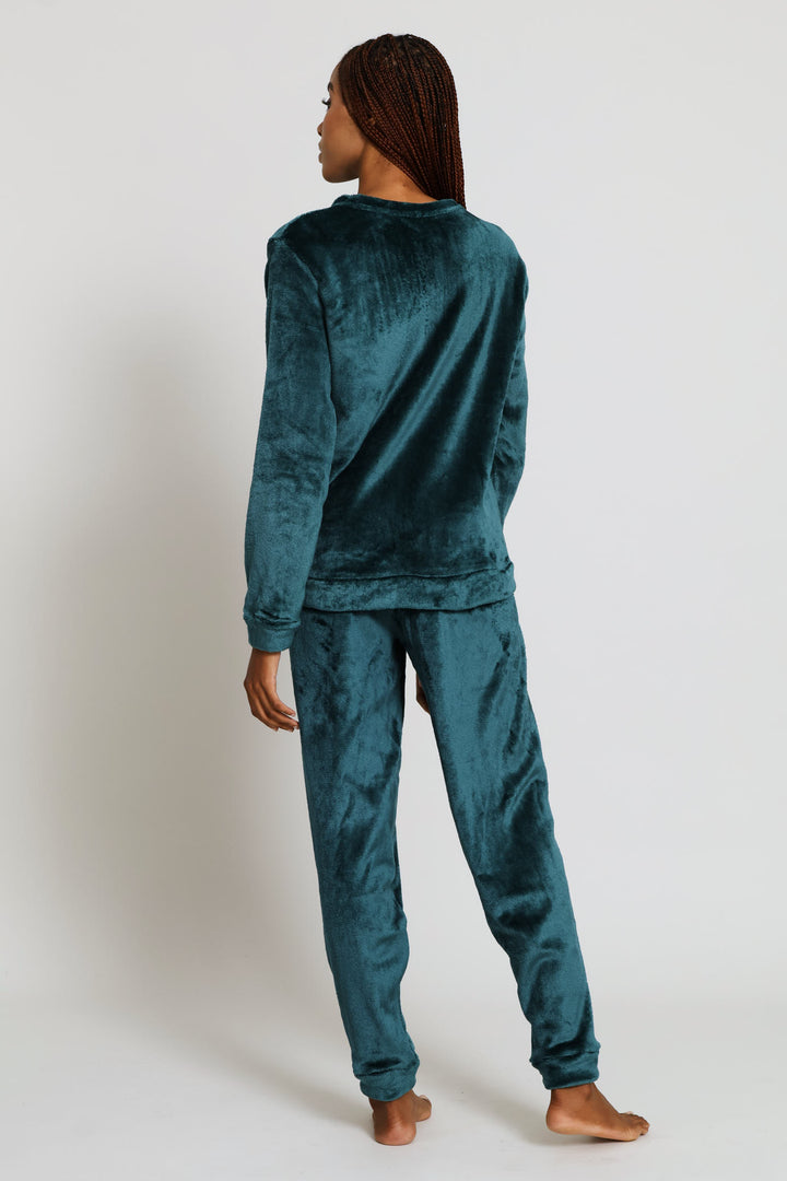 Long Sleeve Embroidered Cosy Top & Jogger Set - Emerald
