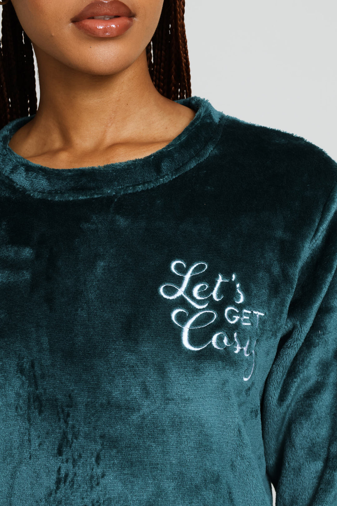 Long Sleeve Embroidered Cosy Top & Jogger Set - Emerald