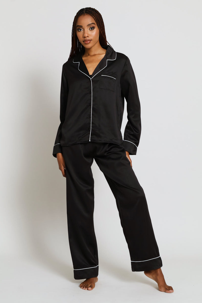 Long Sleeve Button Through & Pant Satin Set - Black