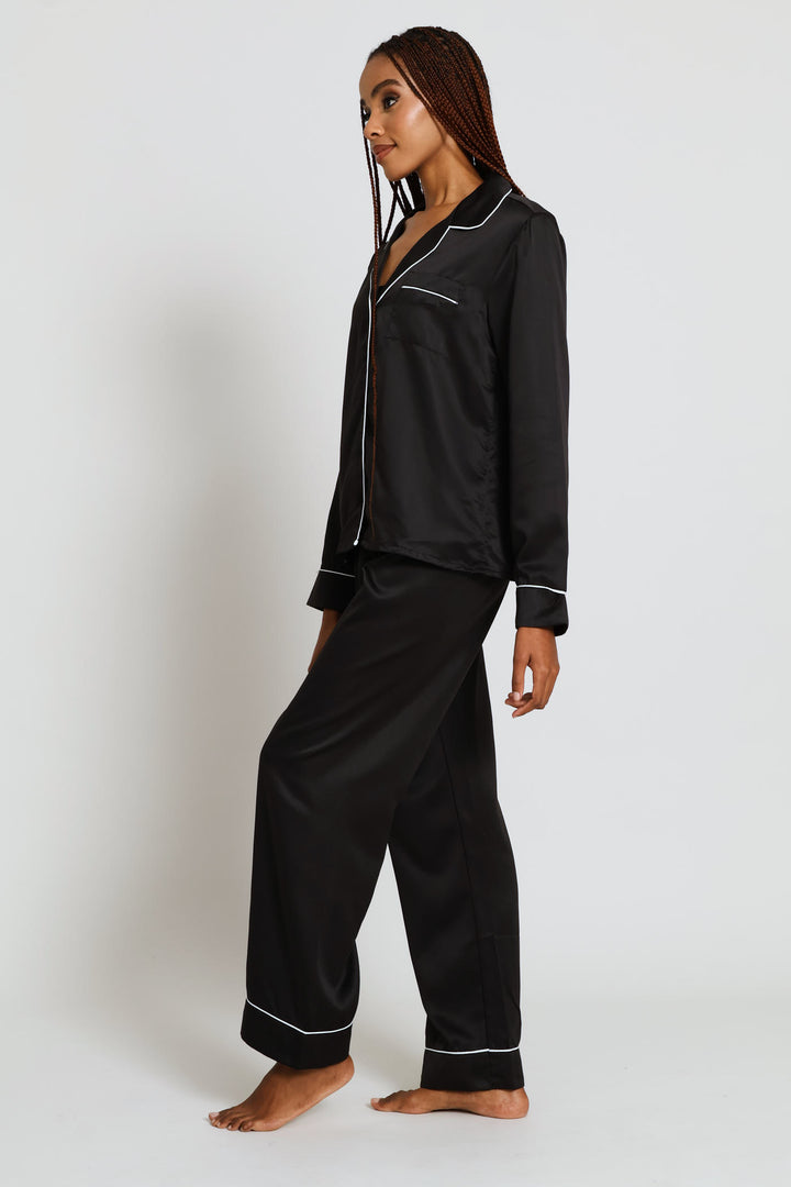 Long Sleeve Button Through & Pant Satin Set - Black