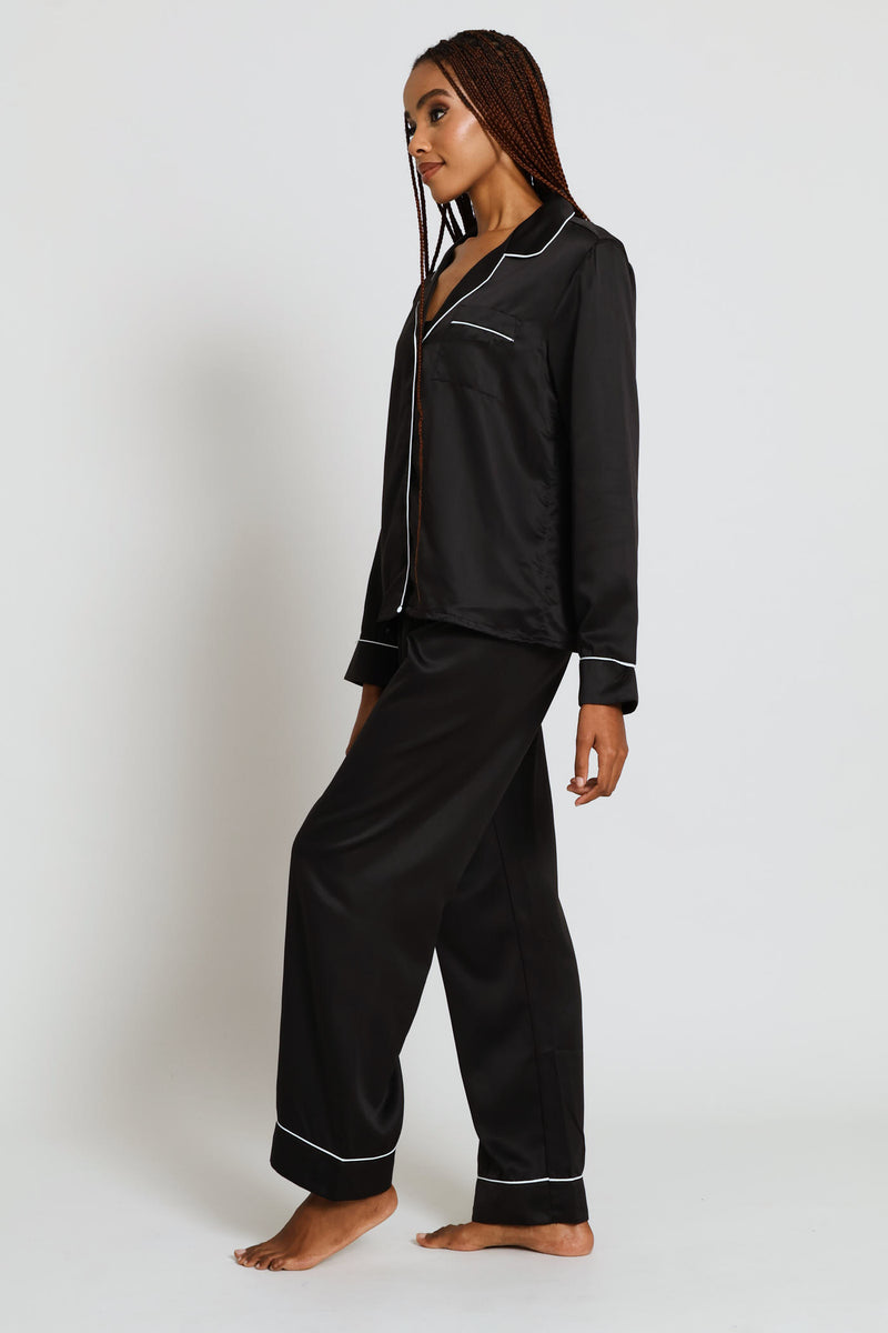 Long Sleeve Button Through & Pant Satin Set - Black