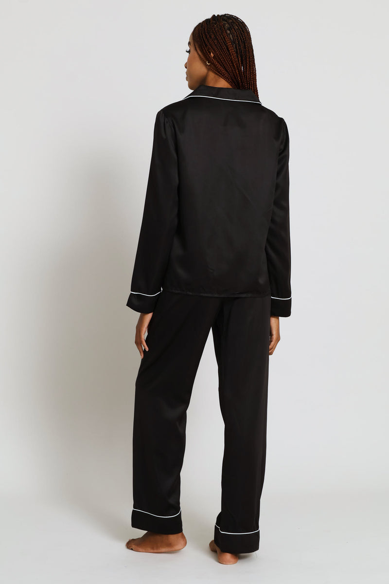 Long Sleeve Button Through & Pant Satin Set - Black