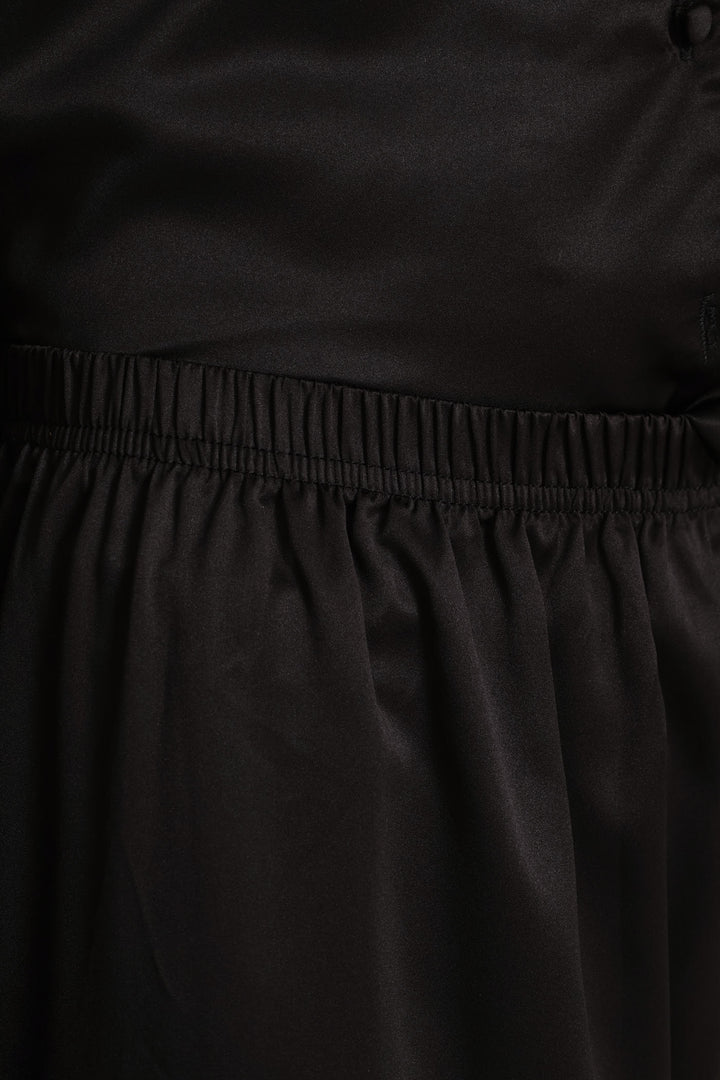 Long Sleeve Button Through & Pant Satin Set - Black