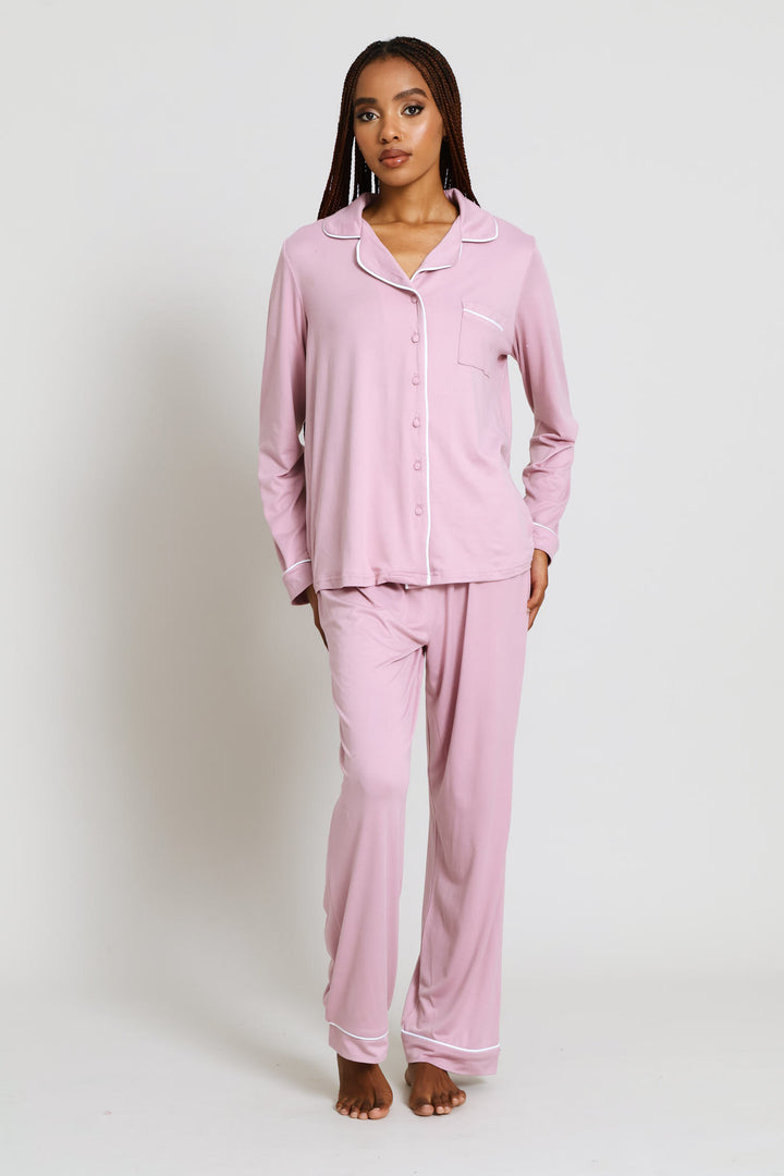 Long Sleeve Button Through & Pant Knit Set - Dusty Pink
