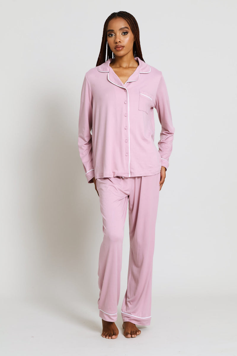 Long Sleeve Button Through & Pant Knit Set - Dusty Pink