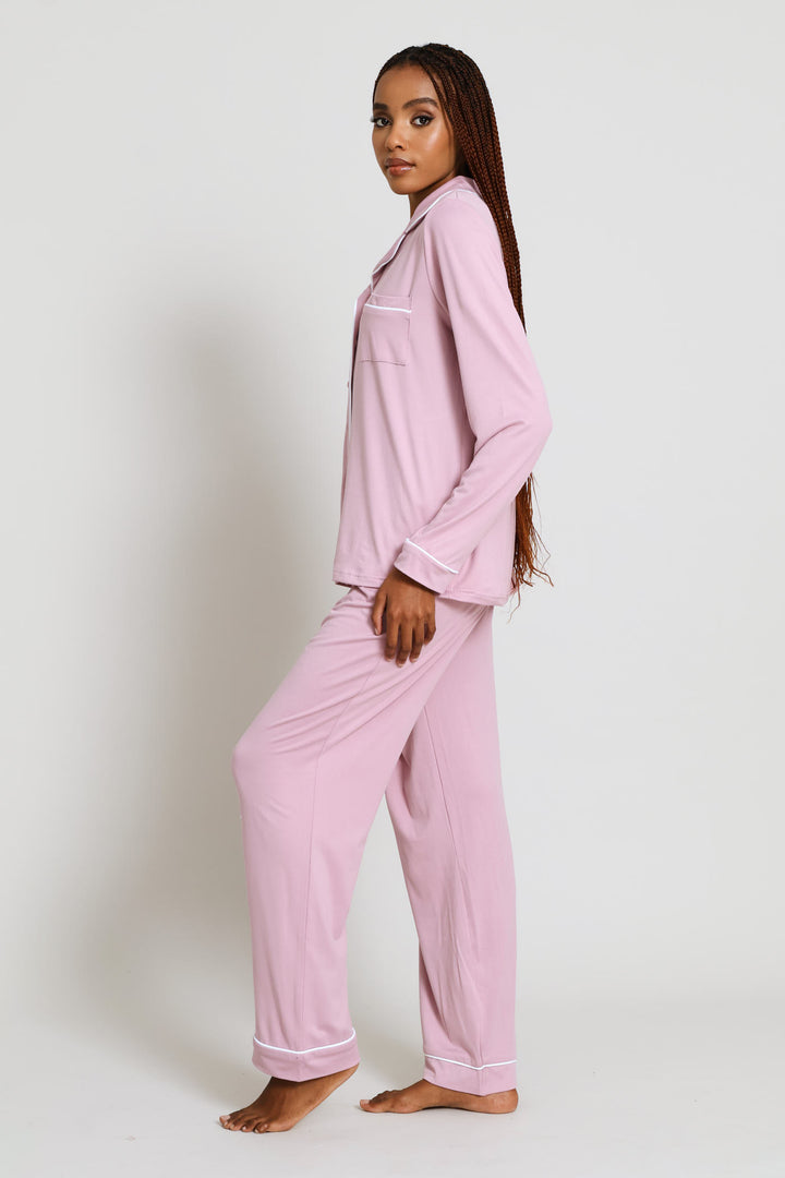 Long Sleeve Button Through & Pant Knit Set - Dusty Pink