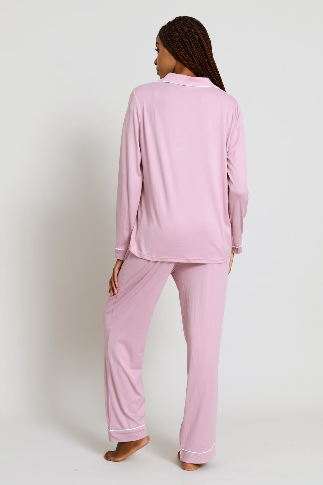 Long Sleeve Button Through & Pant Knit Set - Dusty Pink