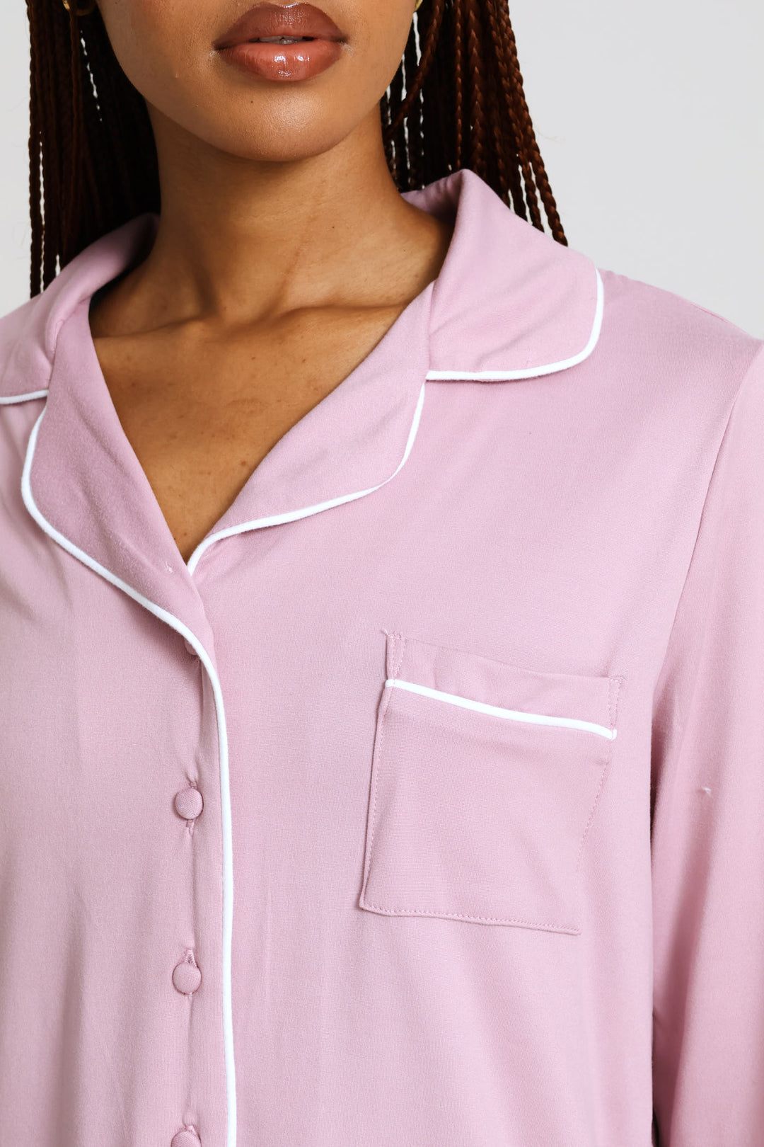 Long Sleeve Button Through & Pant Knit Set - Dusty Pink