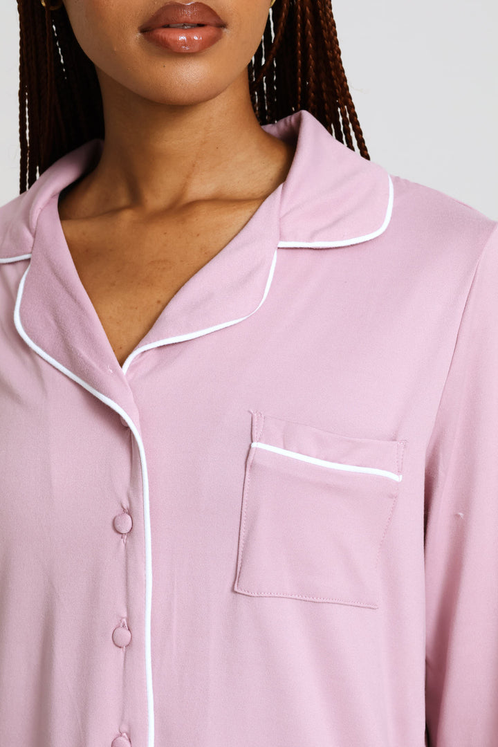 Long Sleeve Button Through & Pant Knit Set - Dusty Pink