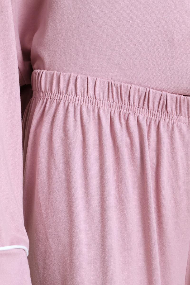 Long Sleeve Button Through & Pant Knit Set - Dusty Pink