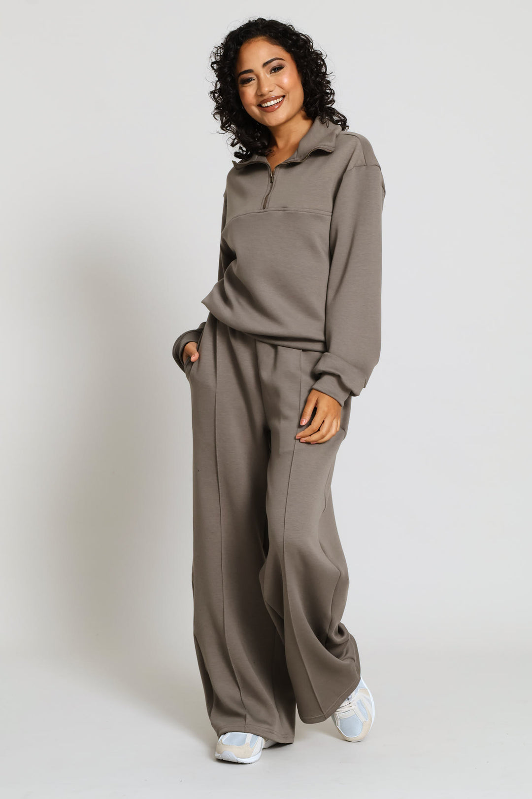 Plush Pintuck Wide Leg Track Pants - Taupe