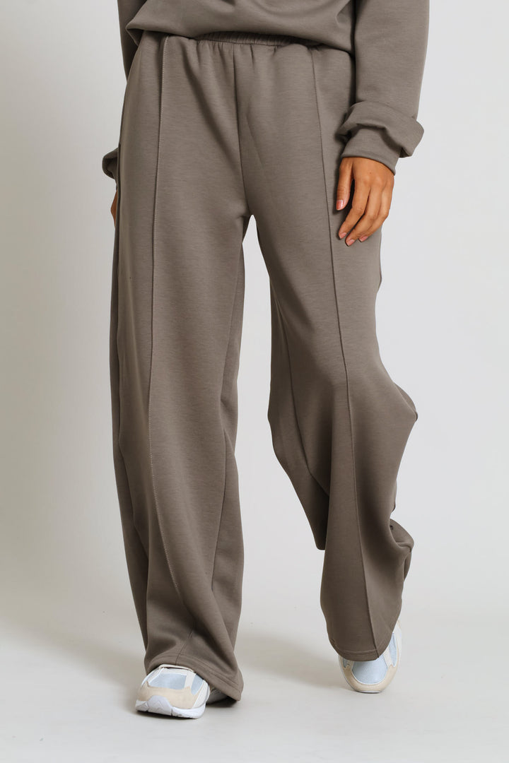 Plush Pintuck Wide Leg Track Pants - Taupe