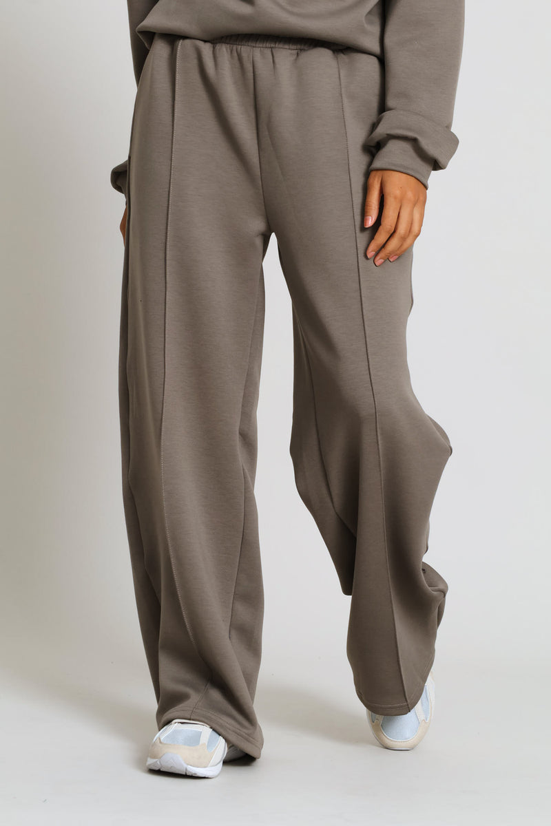 Plush Pintuck Wide Leg Track Pants - Taupe