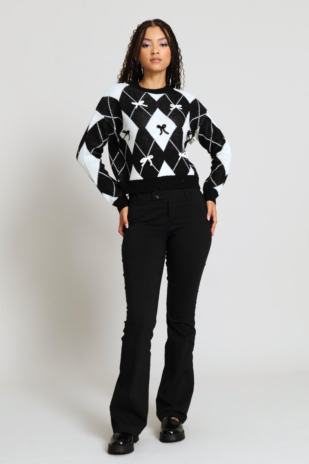 Argyle Bow Knit Pullover - Black/Cream