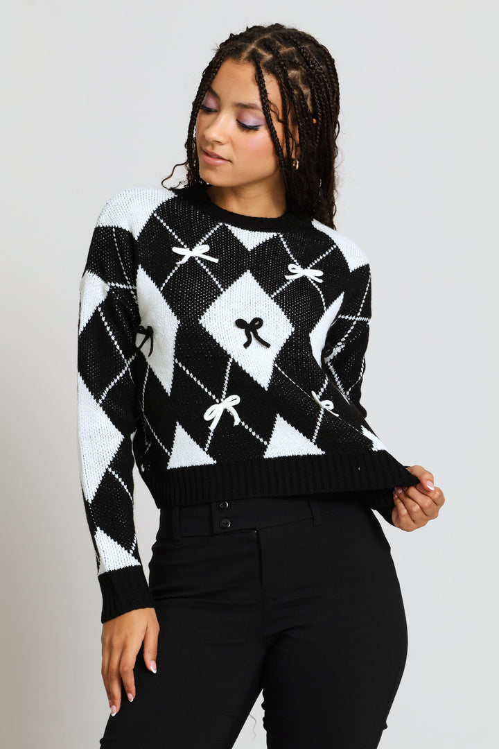 Argyle Bow Knit Pullover - Black/Cream