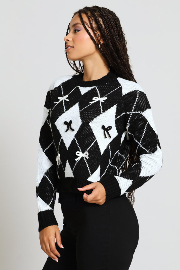Argyle Bow Knit Pullover - Black/Cream