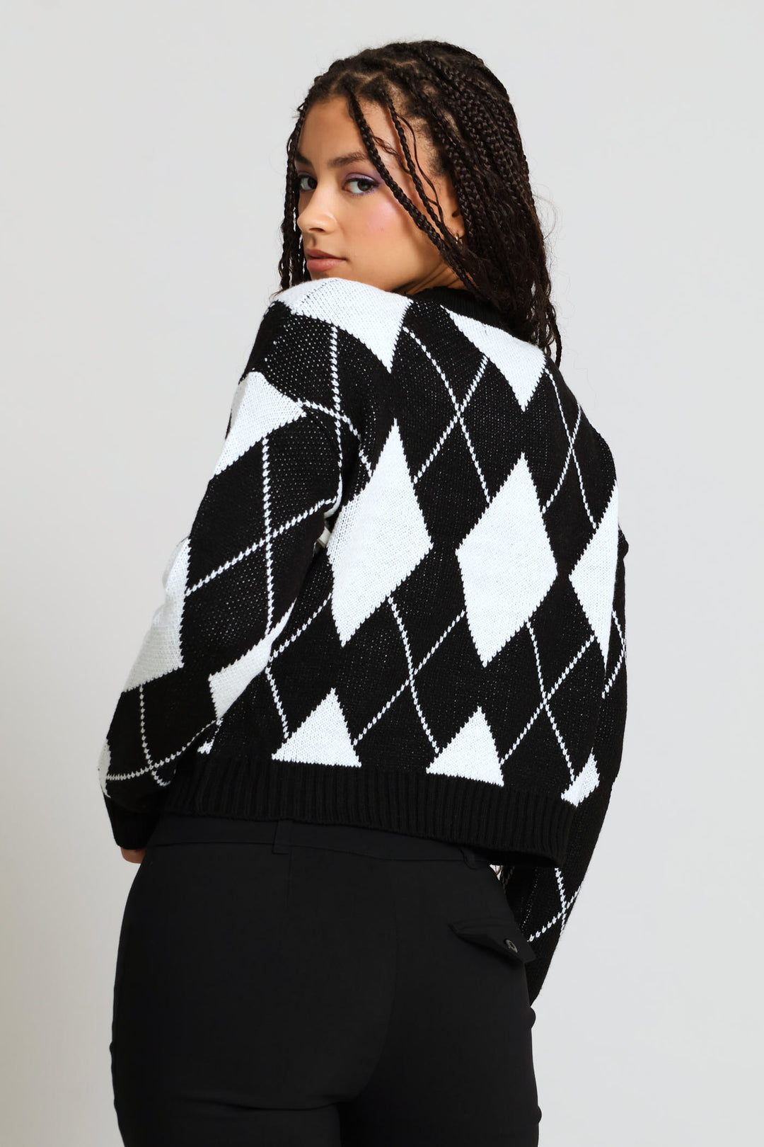Argyle Bow Knit Pullover - Black/Cream