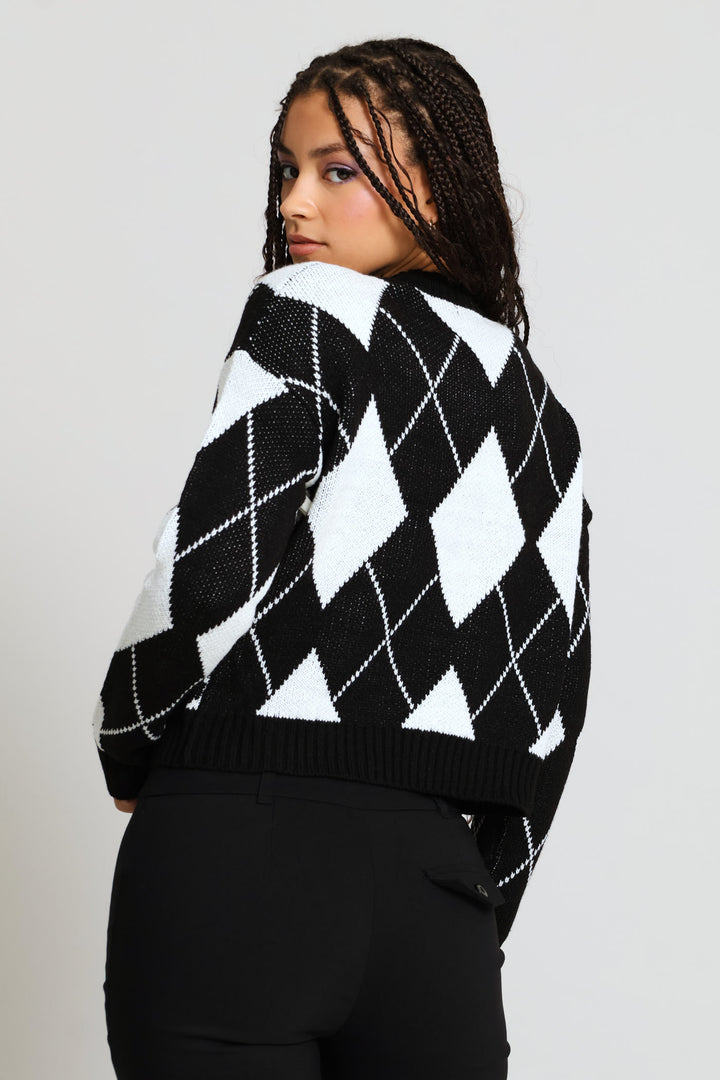 Argyle Bow Knit Pullover - Black/Cream