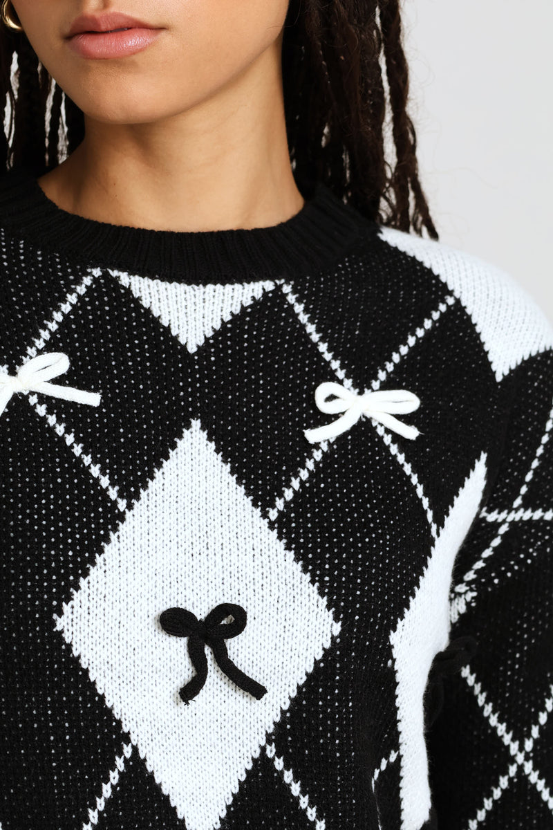 Argyle Bow Knit Pullover - Black/Cream