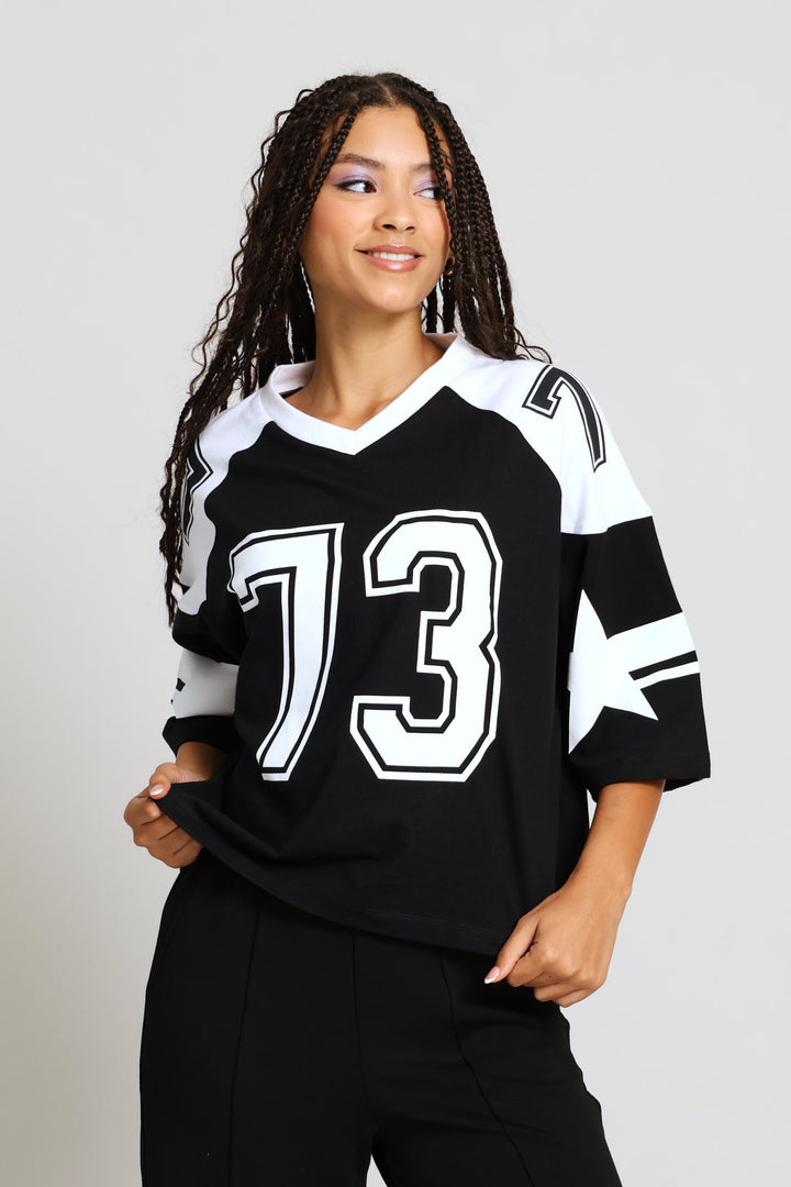 Oversized Boxy Football Tee - Black