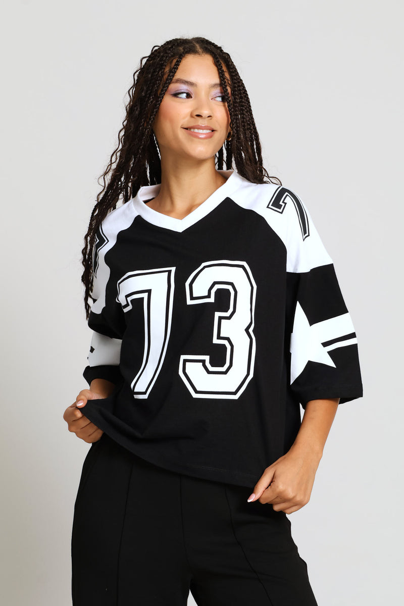 Oversized Boxy Football Tee - Black
