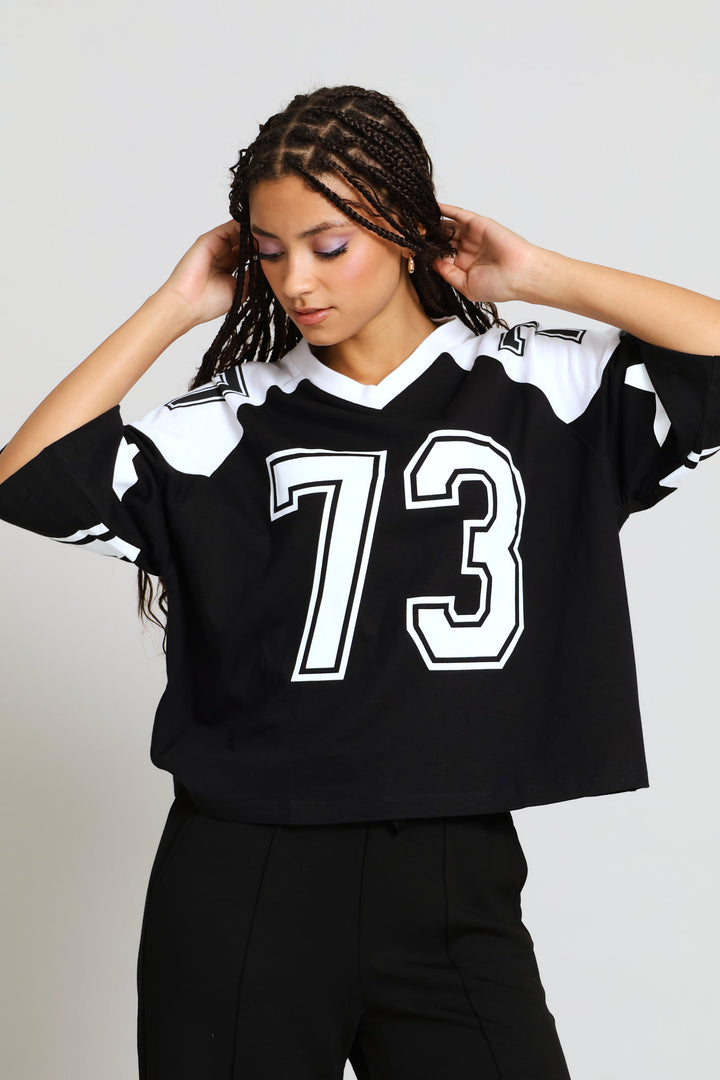 Oversized Boxy Football Tee - Black