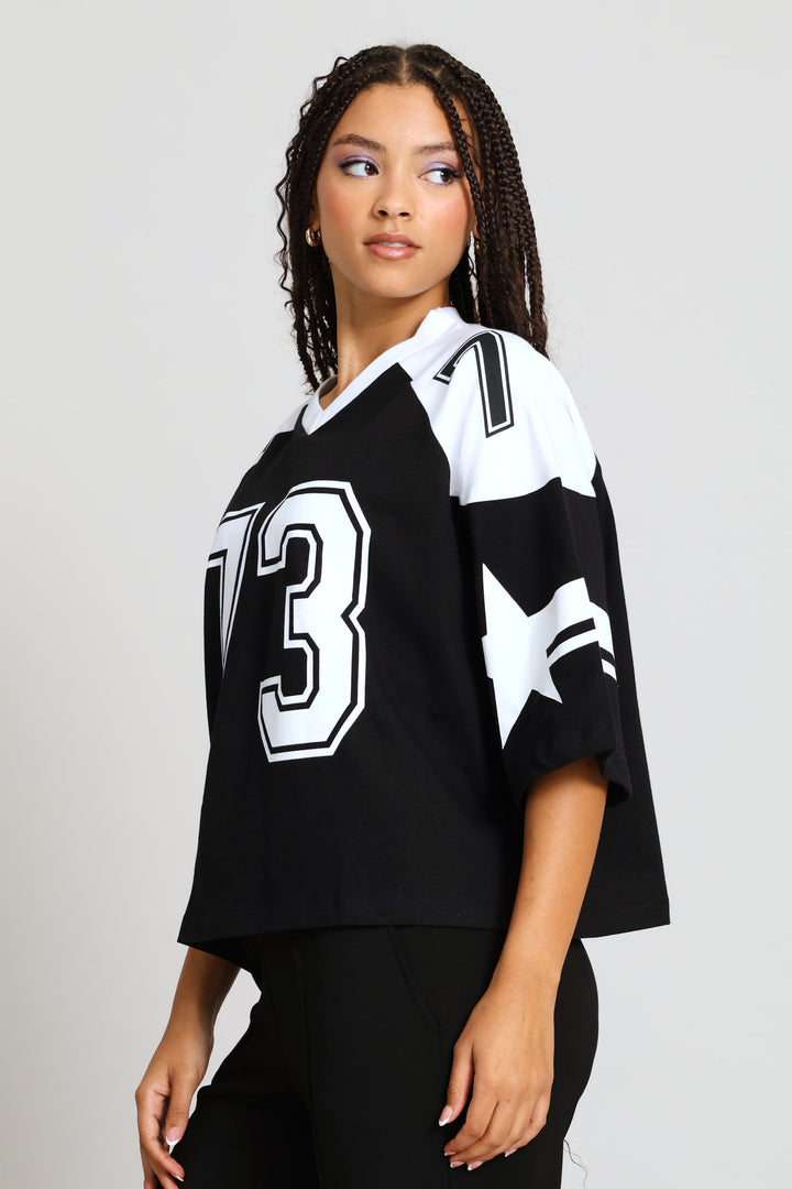 Oversized Boxy Football Tee - Black