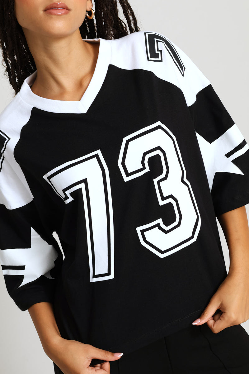 Oversized Boxy Football Tee - Black