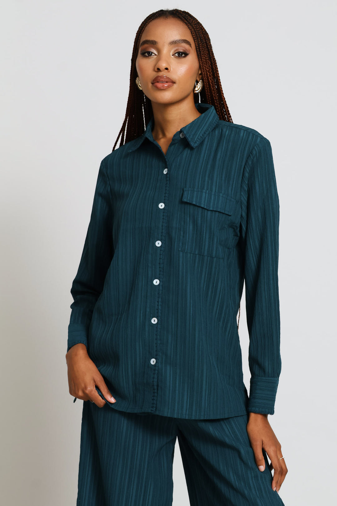 Long Sleeve Blanket Stitch Detail Oversized Shirt - Teal