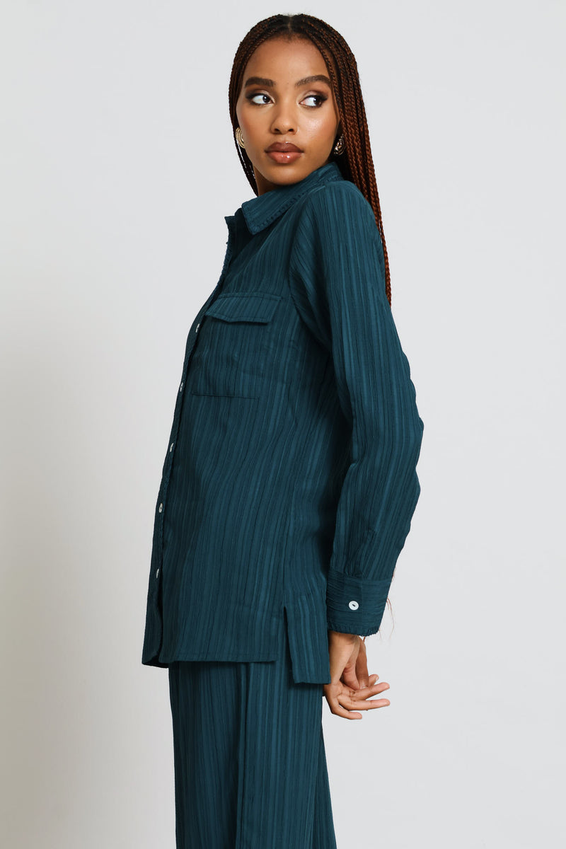 Long Sleeve Blanket Stitch Detail Oversized Shirt - Teal