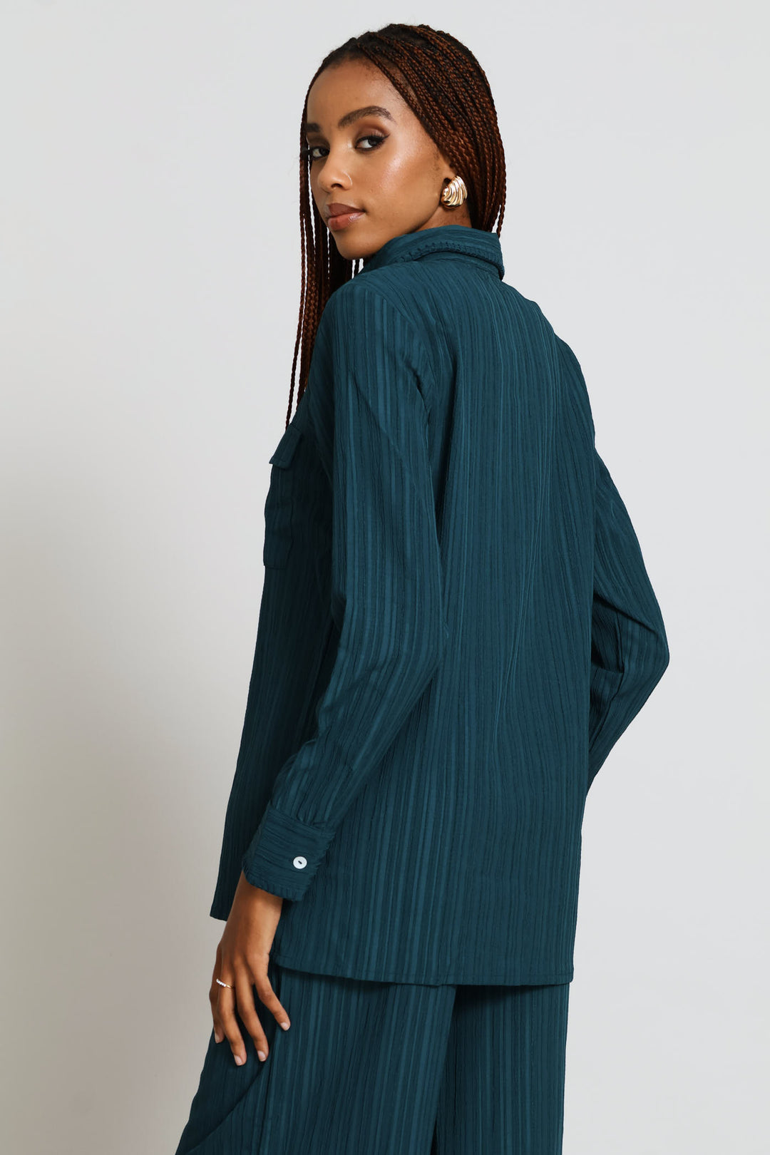 Long Sleeve Blanket Stitch Detail Oversized Shirt - Teal