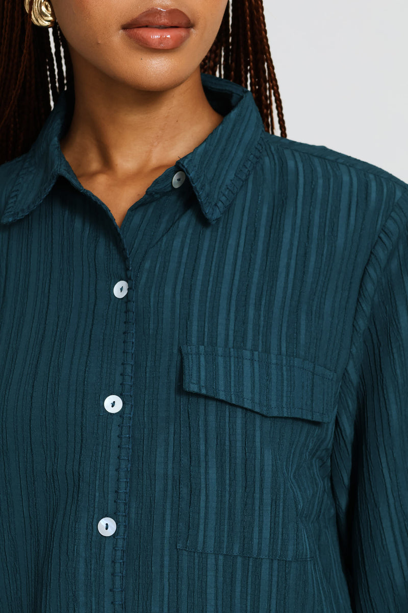 Long Sleeve Blanket Stitch Detail Oversized Shirt - Teal