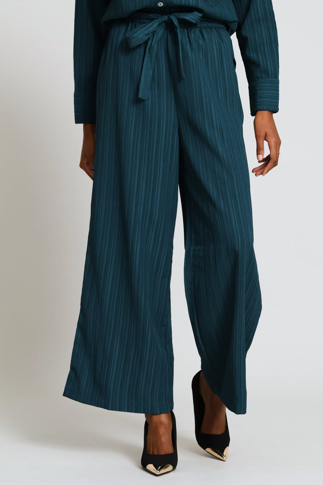 Pull-On Self Belt Wide Leg Pant - Teal