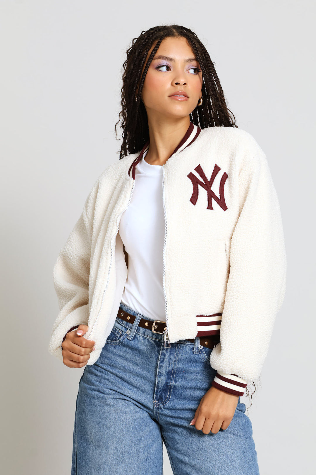 Ny Teddy Zip Through Bomber Jacket - Cream