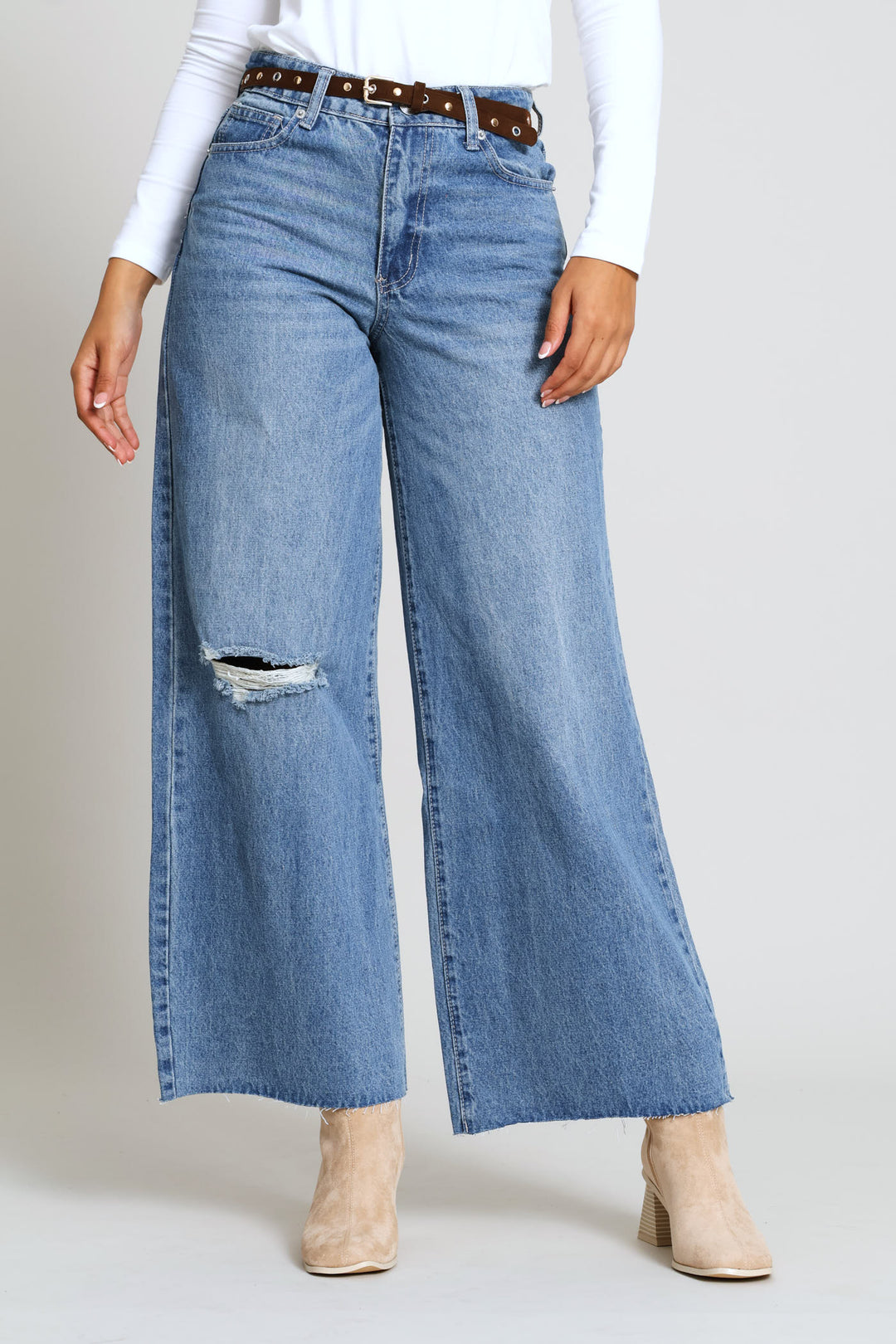 Belted Wide Leg Denim - Salty Mid Wash