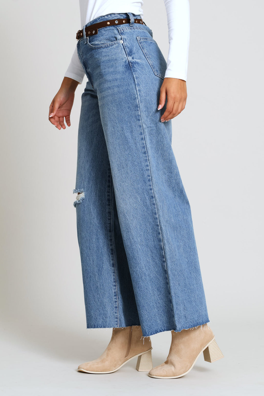 Belted Wide Leg Denim - Salty Mid Wash