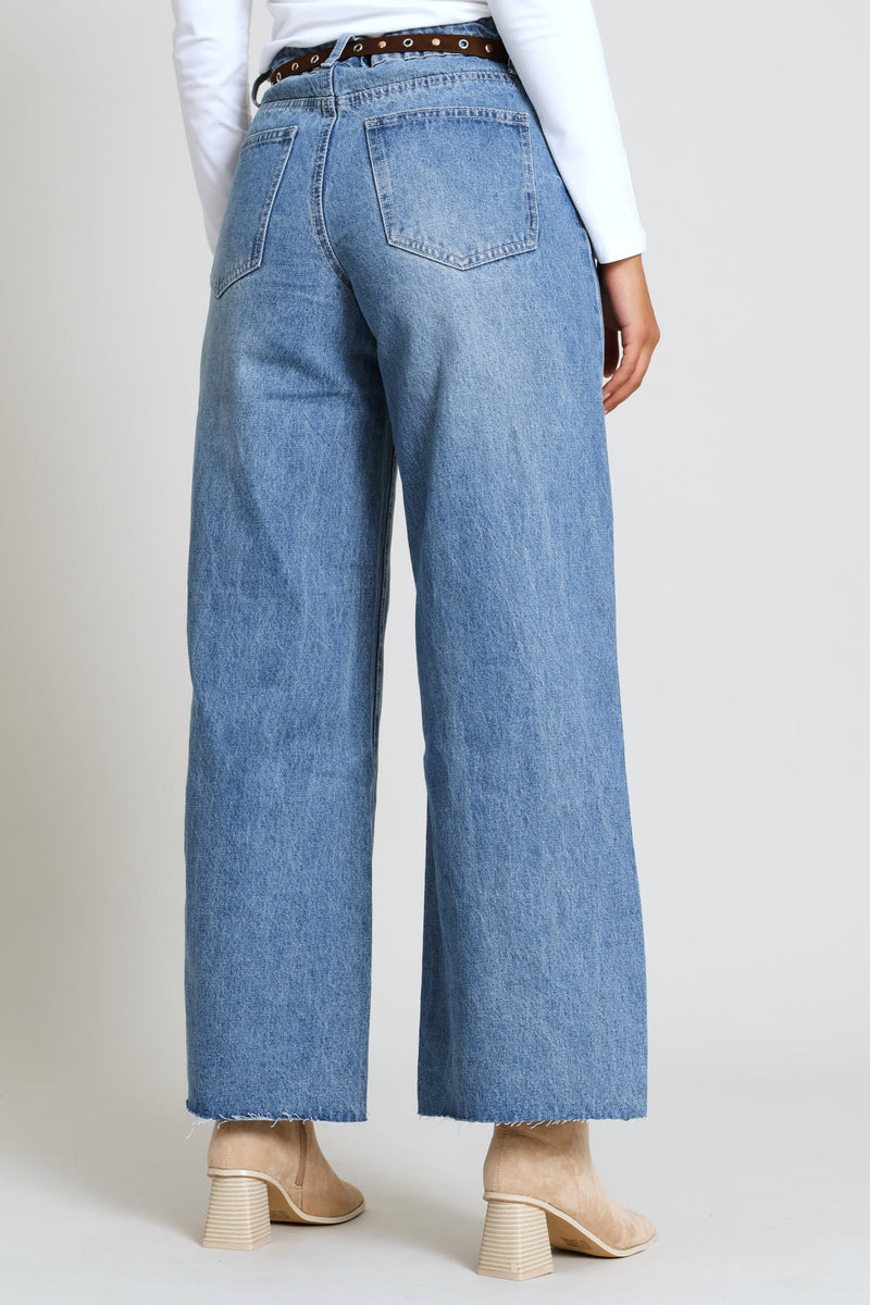 Belted Wide Leg Denim - Salty Mid Wash