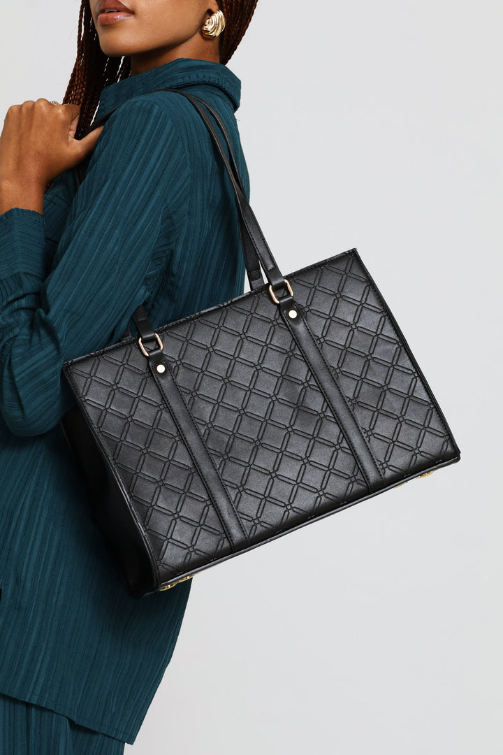 Geo Embossed Square Shopper Bag - Black