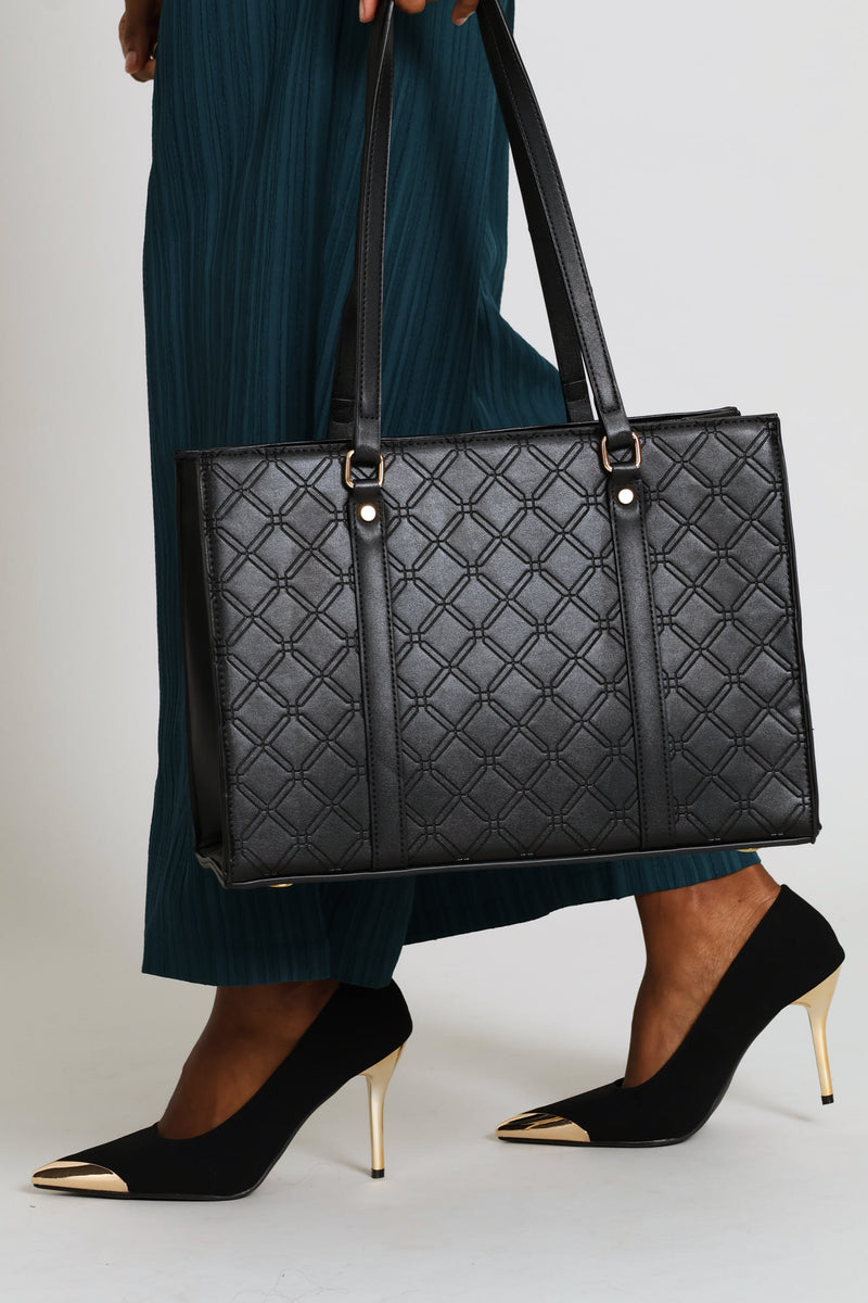 Geo Embossed Square Shopper Bag - Black