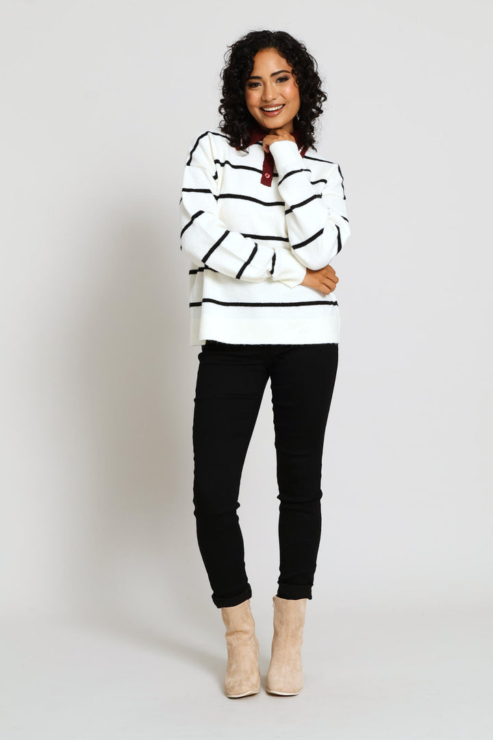 Long Sleeve Button Rugby Sweater - White/Burgundy