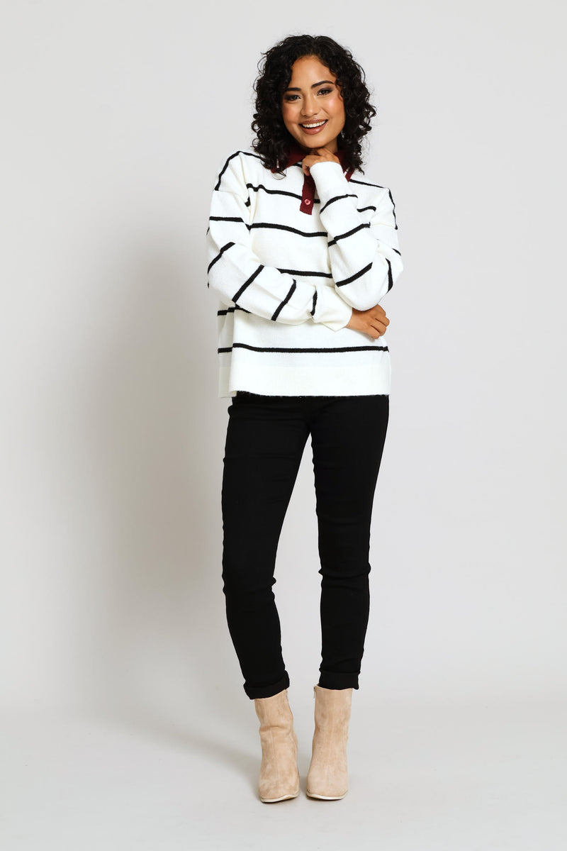 Long Sleeve Button Rugby Sweater - White/Burgundy