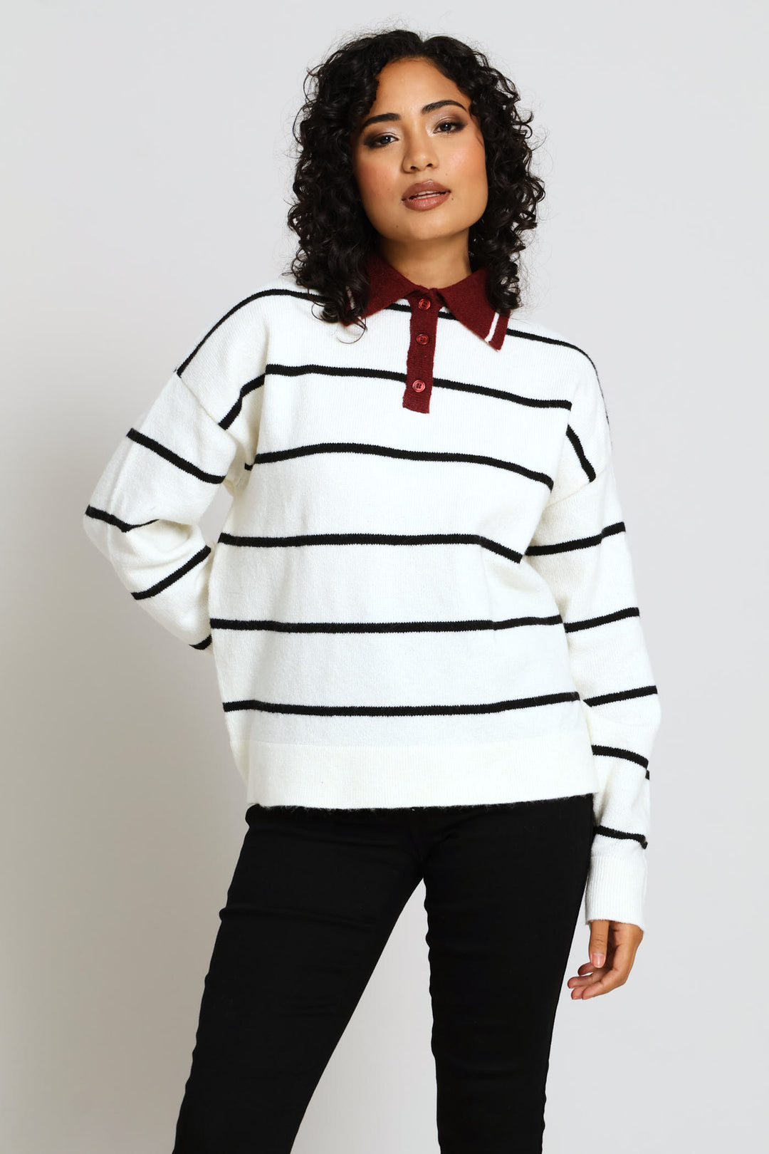 Long Sleeve Button Rugby Sweater - White/Burgundy